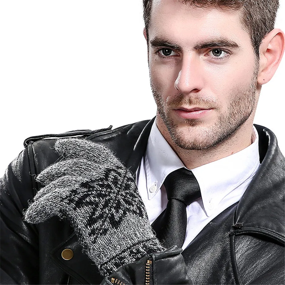 Men Cashmere Knitted Gloves Thicken Velvet Warm Keeping Woolen Gloves Mittens Winter Full finger