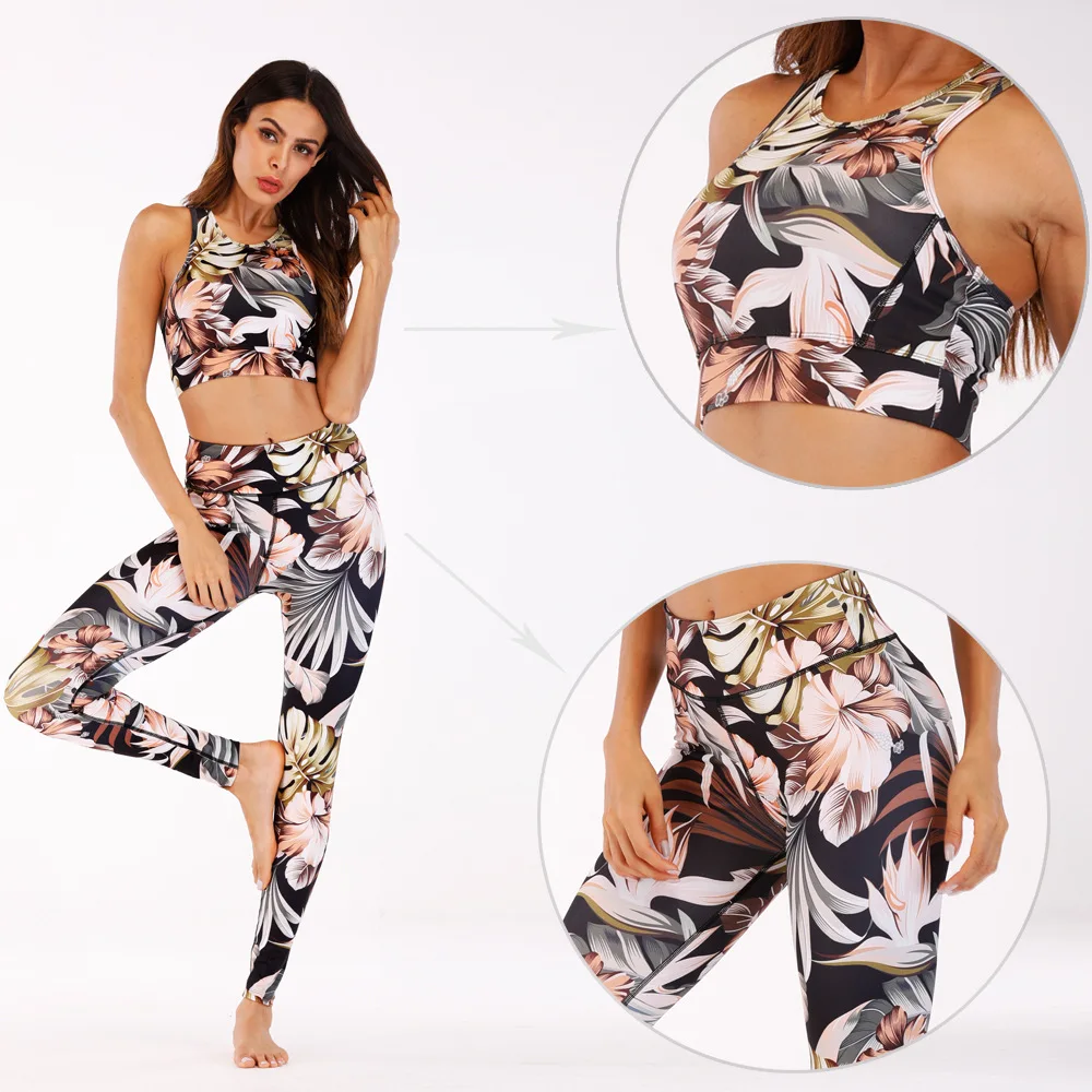 Flowers Printing Tracksuit Yoga Sets Fitness Top Sport Suit Women Gym Woman Fitness Sets Yoga Overalls Bodysuit Gym Clothing