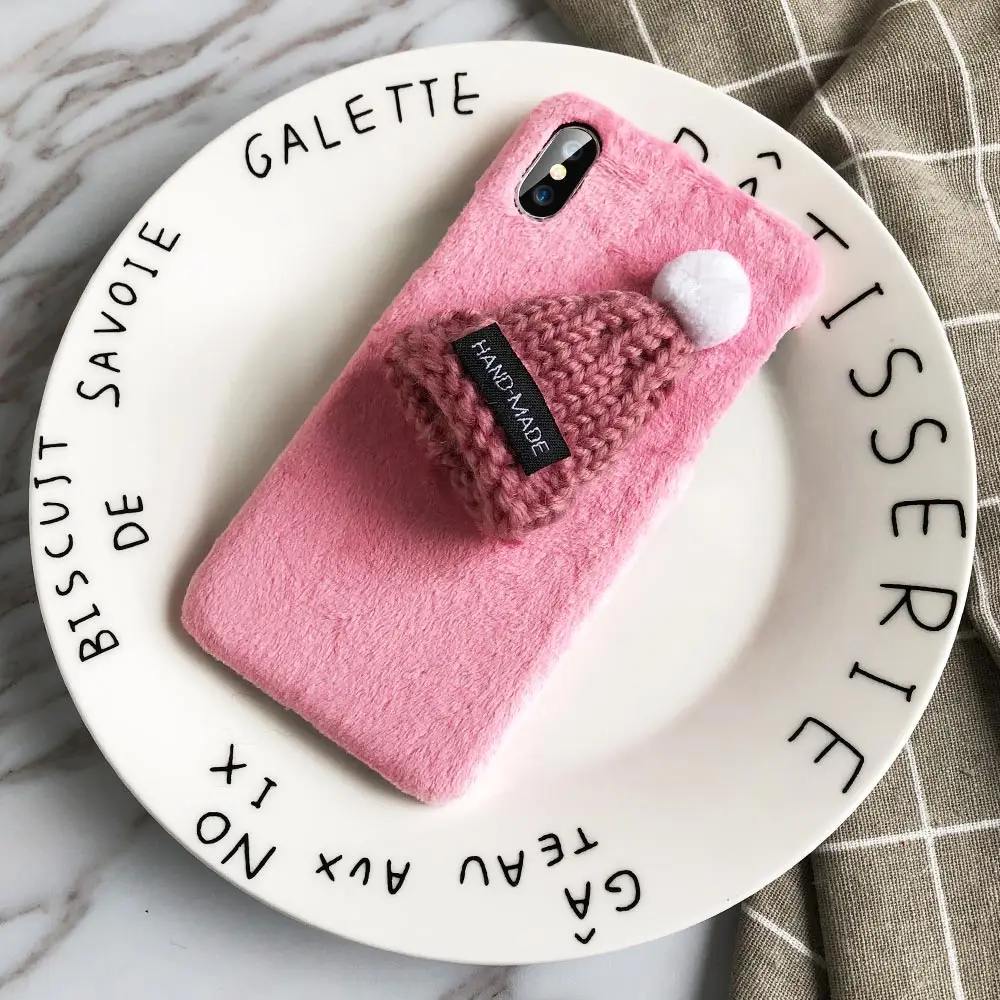 Caseier DIY Шапка С волосом чехол для iPhone X XS MAX XR зимние теплые Чехлы для iPhone 7 8 6 6S Plus 5s рождественские новогодние чехлы чехол на айфон 7 8 чехол на айфон xr чехол на айфон 6s 6 - Цвет: Pink