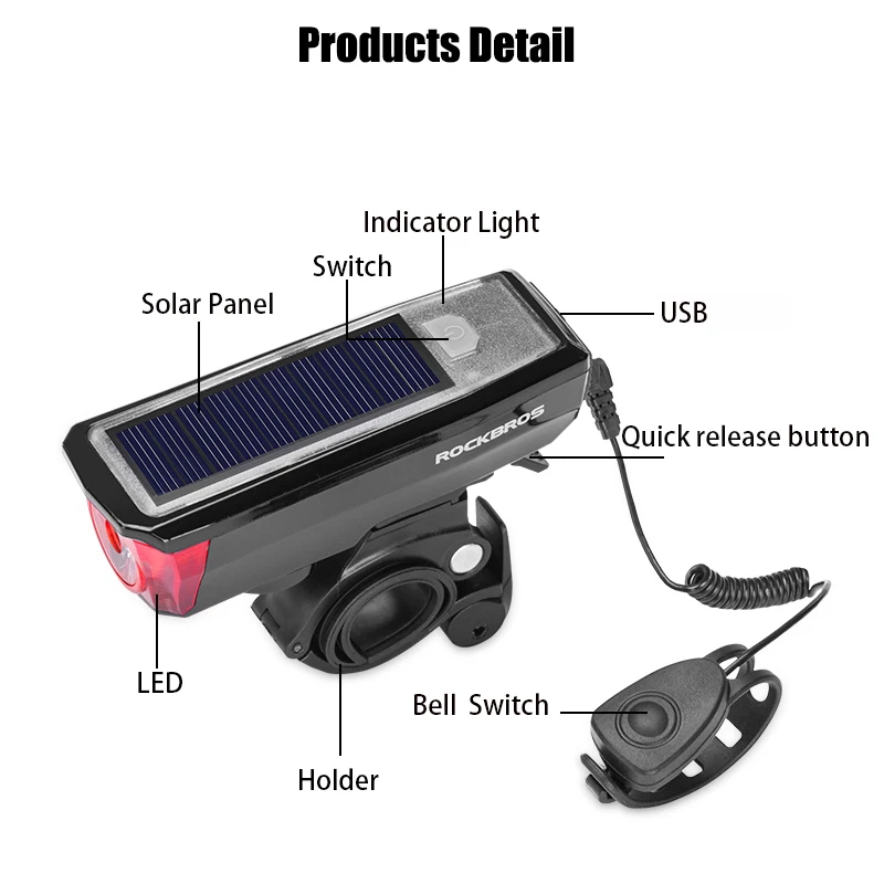 ROCKBROS велосипедный передний светильник громкий велосипедный Рог набор 350 лм USB Перезаряжаемый велосипедный головной светильник Электрический 120дБ Рог солнечная панель светильник s