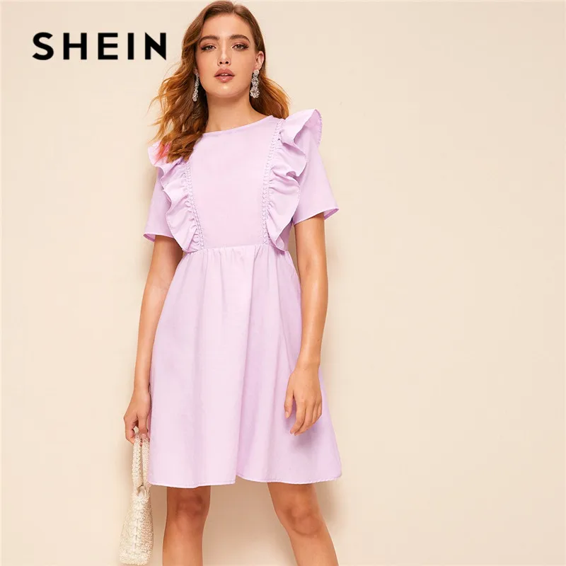 

SHEIN Solid Zip Back Ruffle Armhole Midi Dress Women Round Neck Short Sleeve Summer Dress Cute High Waist Flared A Line Dresses