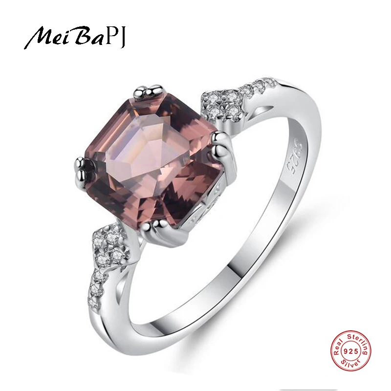 

[MeiBaPJ]Real S925 Solid Silver Brown Square Stone Ring for Women Charm AAA Zircon Fine Party Jewelry