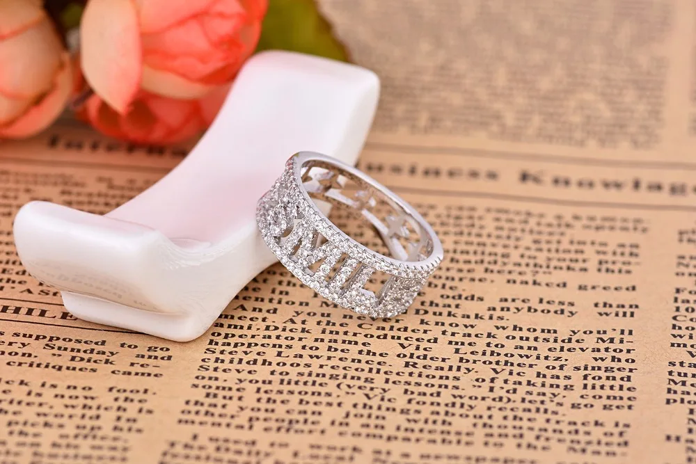 

Hot brand women jewelry initial letter SMILE ring silver color white alphabet letters wedding finger ring monaco jewelry
