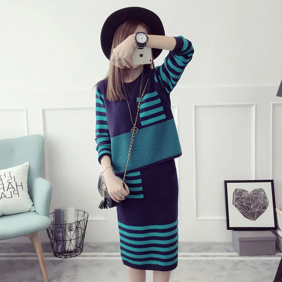 

New Women's Sweater and Skirt Sets Autumn 2016 Casual Stripe Loose Sweater Package Hip Knitted Skirt Fashion Two-piece Female