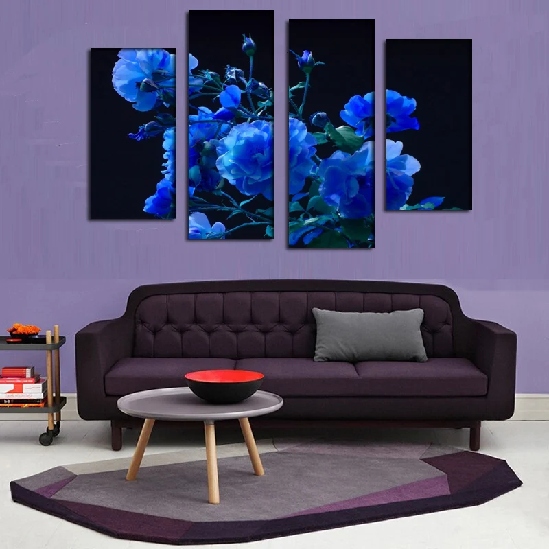 

2016 New 4 panel blue rose buds garden blue oil painting For home Wall Art Picture Unframed gift free shipping