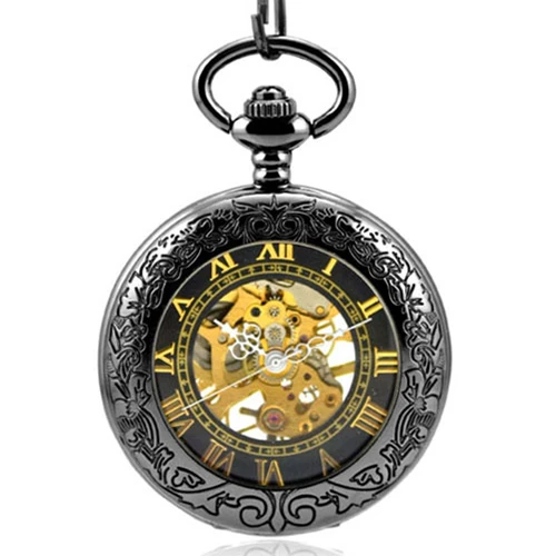 

Retro Luxury Golden Skeleton Mechanical Pocket Watches Men Antique Roman Numerals Hand Wind Necklace Pocket & Fob Watch Chain