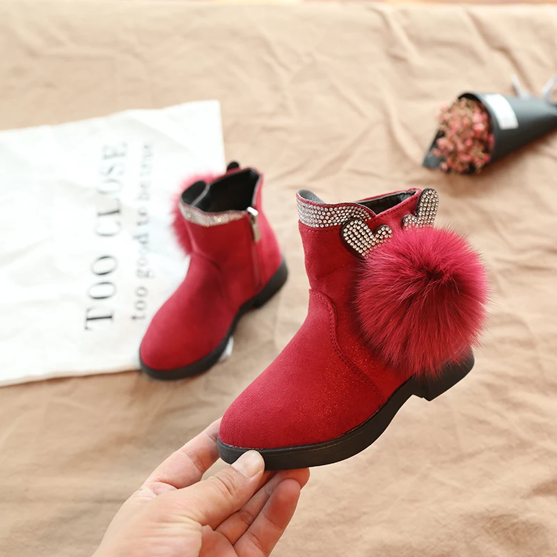 2018 Girls Rhinestone Glitter Boots with cashmere cotton, Bunny Ears, Kids lovely Fur Ball winter warm shoes, black and Red   (11)