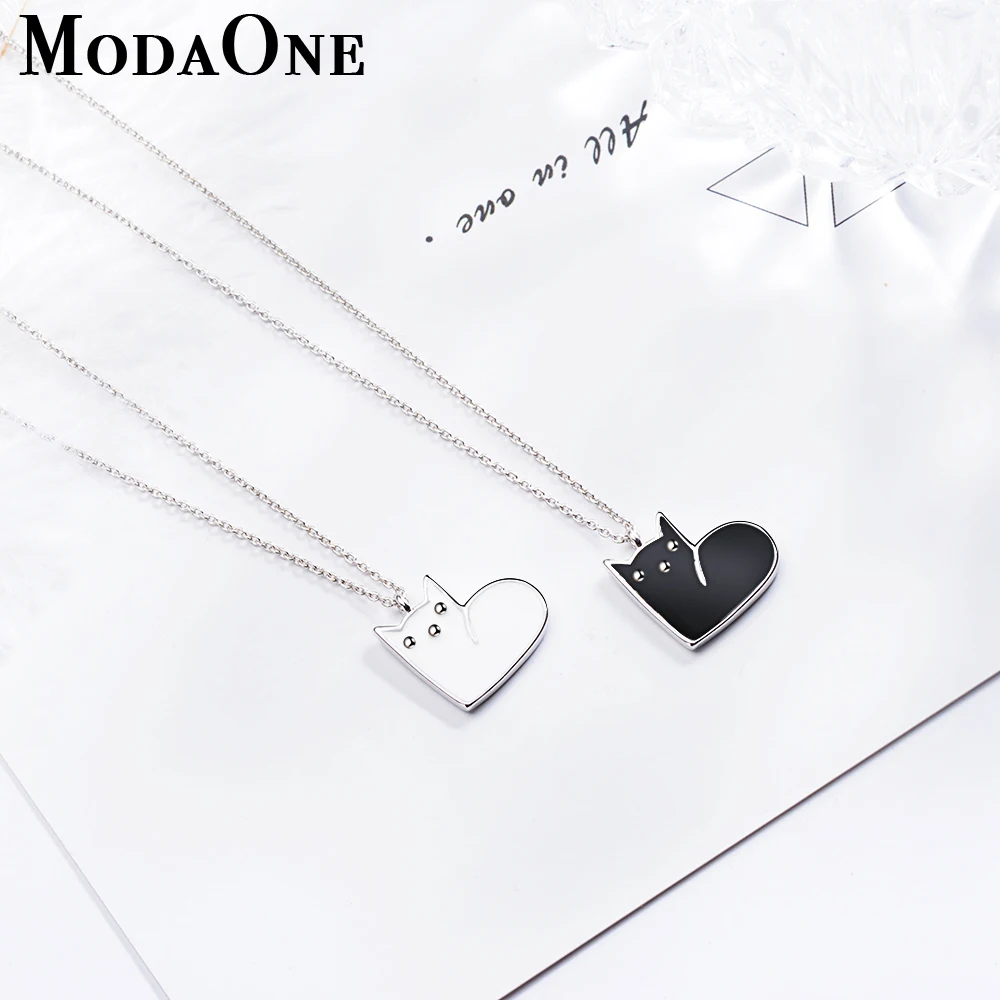 

ModaOne Cut Black White Cat Sterling Silver Pendant Necklace For Women Sweet Korean Lovely Fashion Jewerly Choker