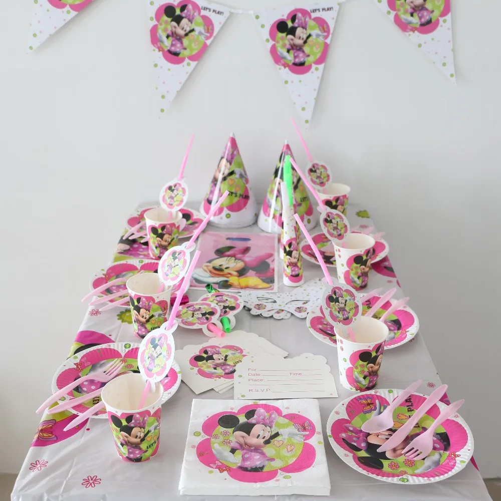 

103 pcs/lot Minnie Mouse birthday party supplies 10 person party set baby shower Kids Party Event Supplies sets