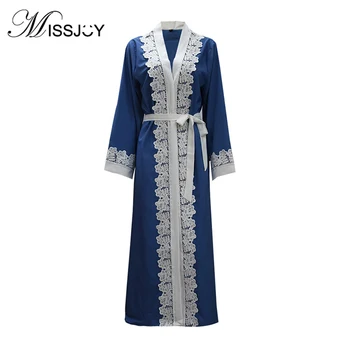 

MISSJOY Fashion Women Open Abaya dress Long Sleeve lace Patchwork Blue cardigan turkish islamic muslim abaya kaftan dubai dress