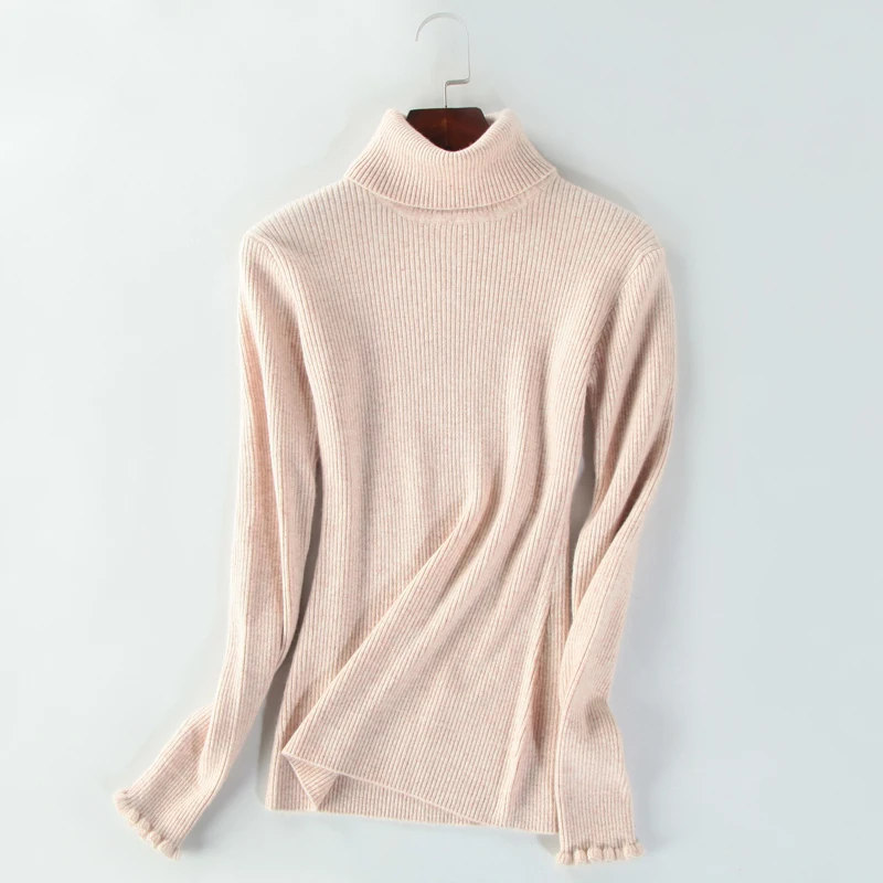 

Cashmere Wool Turtleneck Sweaters JECH Spring Autumn Solid Slim Fashion Women Long Ruffled Sleeve Pullover Jumper Knitted Female