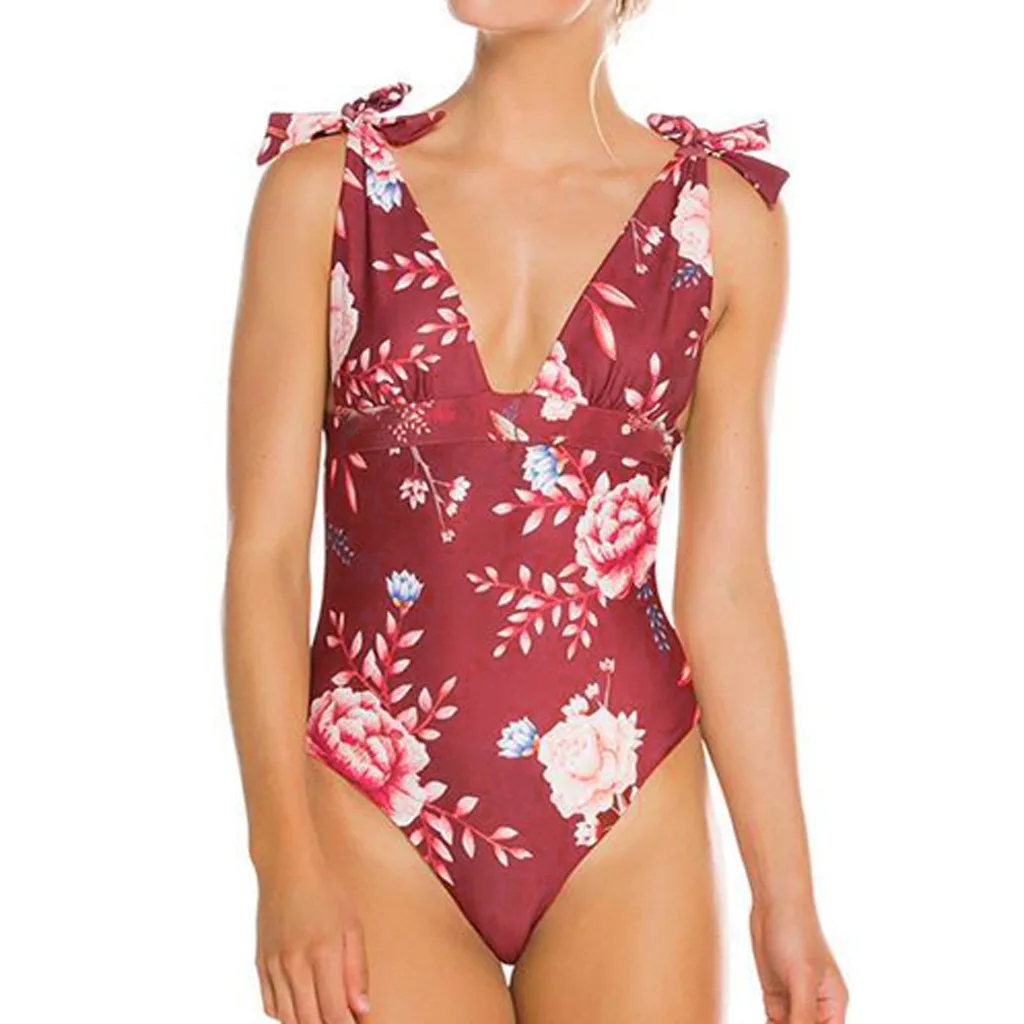 

One Piece Swimsuit Female 2019 Sexy Floral Print V-Neck Bandage Swimwear Women High Cut Monokini Swimming Suit For Women