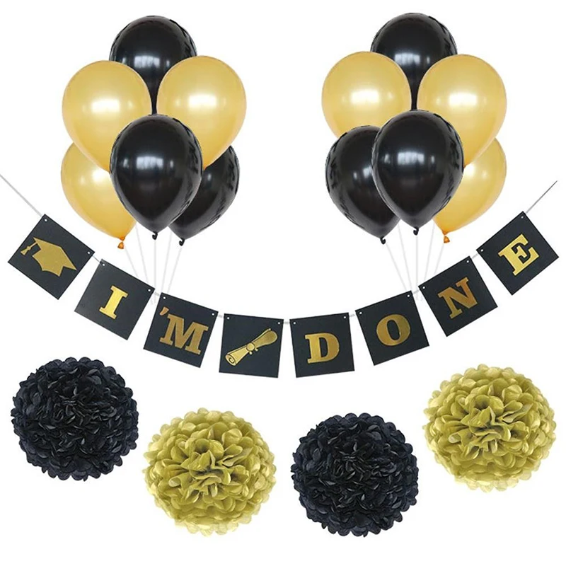

2018 Graduation Party Photo Shoot Prop Decoration Glitter Gold I'm Done Banner balloons Pull Flowers baptism decor Combination