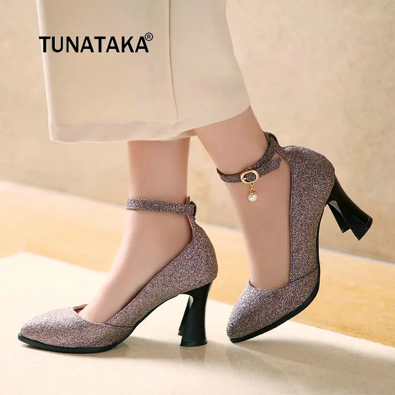 

Bling Stange High Style Buckle Woman Pumps Fashion Pointed Toe Dress High Heel Shoes Ladies Black Gold Silver