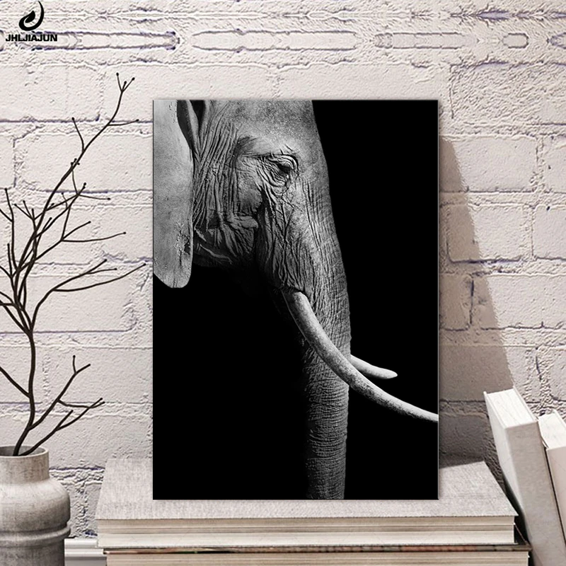 African Wildlife Close-Up Elephant Portrait Black and White Poster Modern Minimalistic Canvas Painting Wall Art Decor Picture
