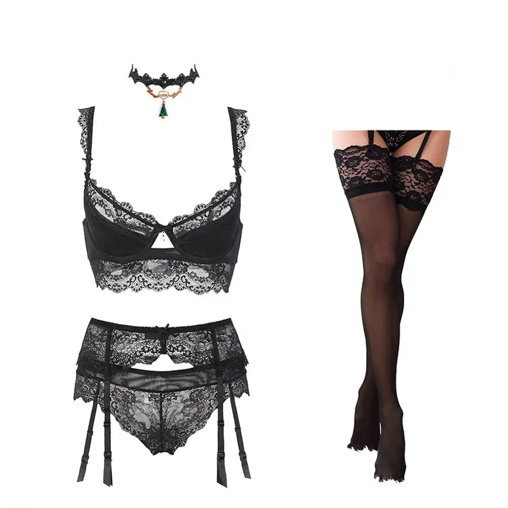 Women's sexy lace Christmas Lingerie set Bra and panties and garter and stockings and necklace 5 Pieces/Lots bralette sets Bra & Brief Sets