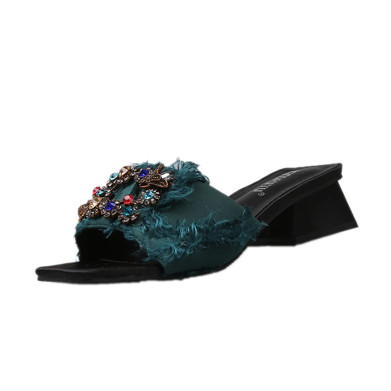 Hkjl Для женщин лета тапочки из плюша модная верхняя одежда корейский вариант модной обуви бриллиантовые Для женщин тапочки A405 - Цвет: Зеленый