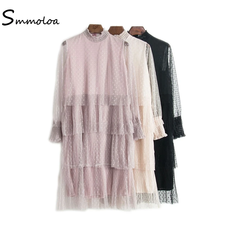 

Smmoloa Korean Lace Dress Female Loose Waist Mesh Multi-layer Mesh Dress 2018 Spring Autumn