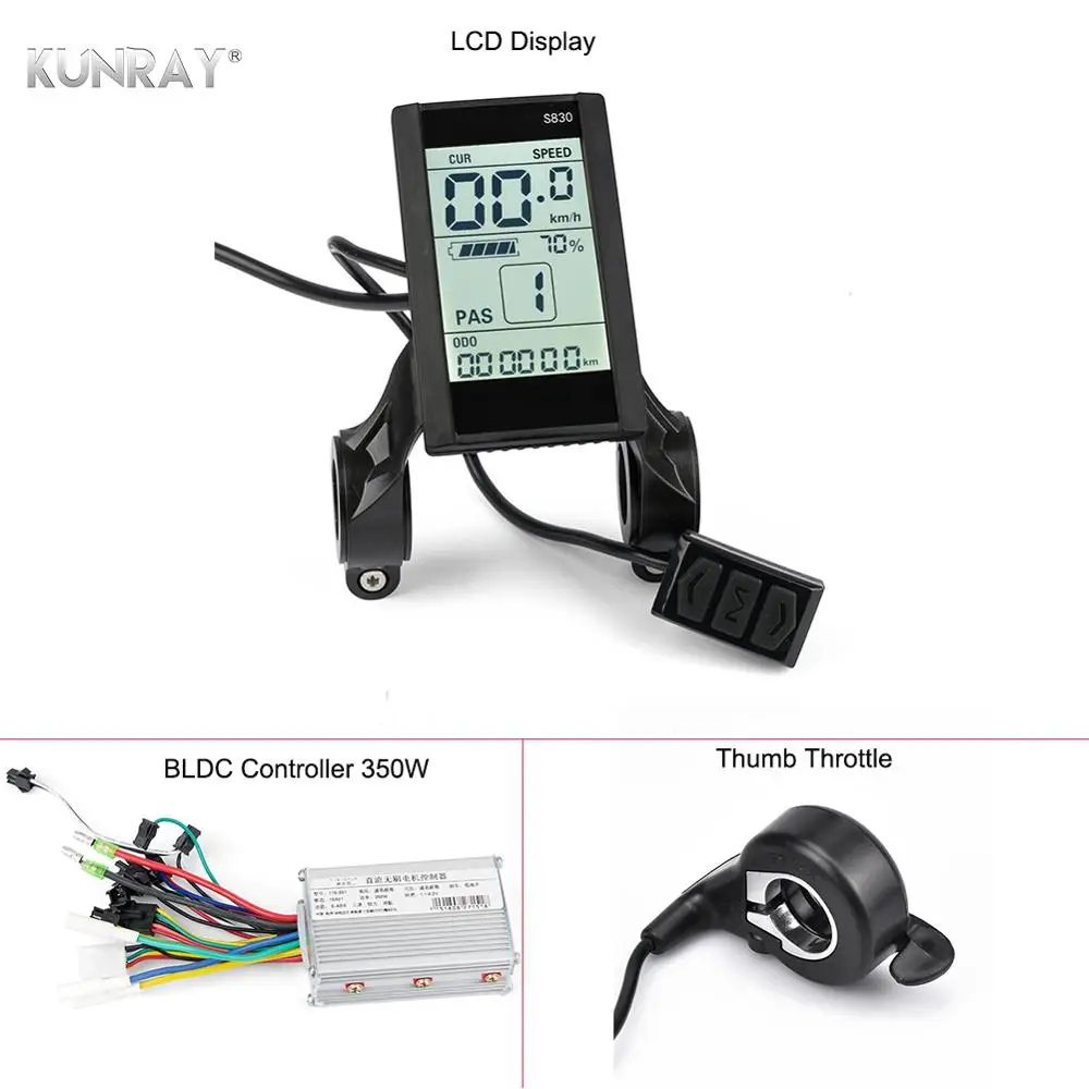 KUNRAY LCD Ebike Display With e Bike Controller 36V Brushless Controller 350W 24V-48V Battery Power Mileage Speed Time USB Phone