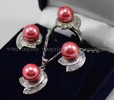 

Pink Rose South sea Shell Pearl Earrings Ring & Necklace Pendant Set18K gold plated watch wholesale Quartz stone CZ crystal