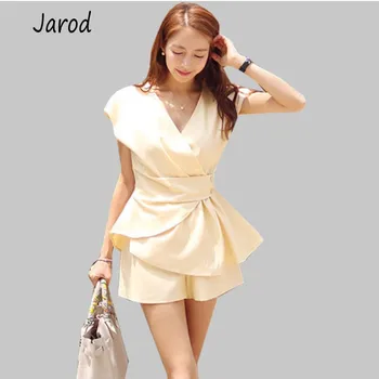 

New fashion Two Piece Set summer Sexy V-Neck elegant Work OL Ruffles Shirt Tops Fashion Pant Suits + casual Shorts Set