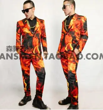 

M-XXL Nightclub male singer DJ European and American catwalk printing satin suit GD stylist personality costumes