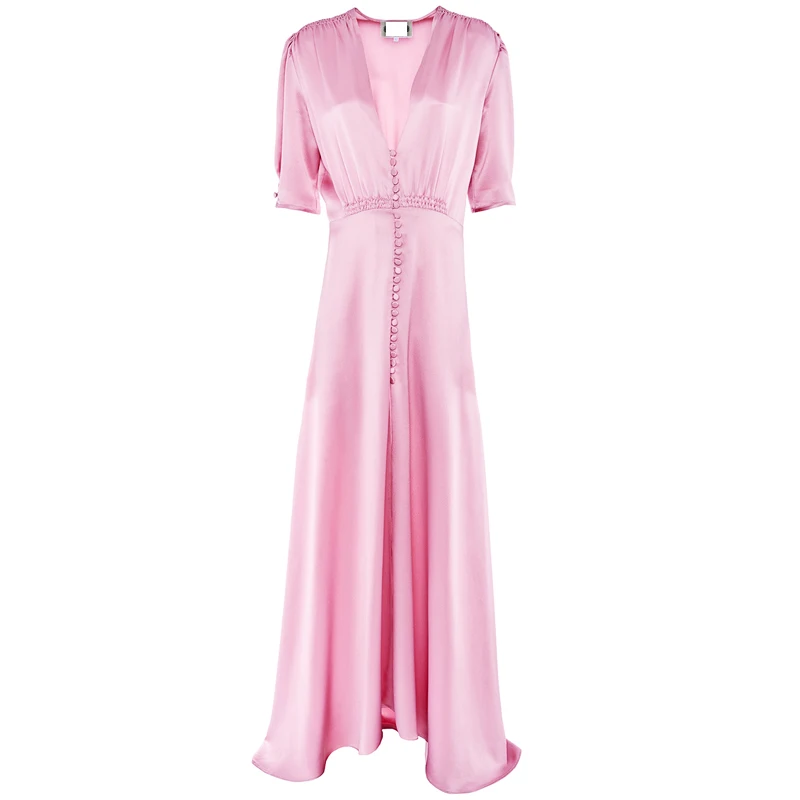 Sexy Fashion Deep V Neck Dress Long Pink Dresses Women's Summer Autumn Satin Buttons Party Dress Bodycon Vestidos Female 2018 Dresses