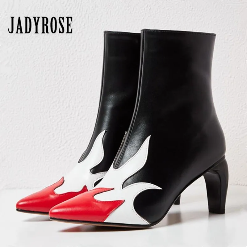 

Jady Rose Strange Heel Women Ankle Boots Mixed Color Genuine Leather Short Boots Fashion Runway Winter Botas Mujer High Heels