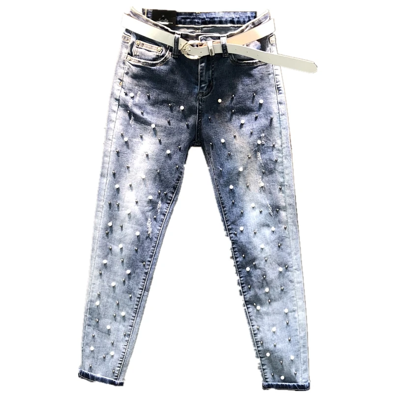 

plus size 26-31!2019 spring new fashion jeans women personality high waist handmade beaded harem pants