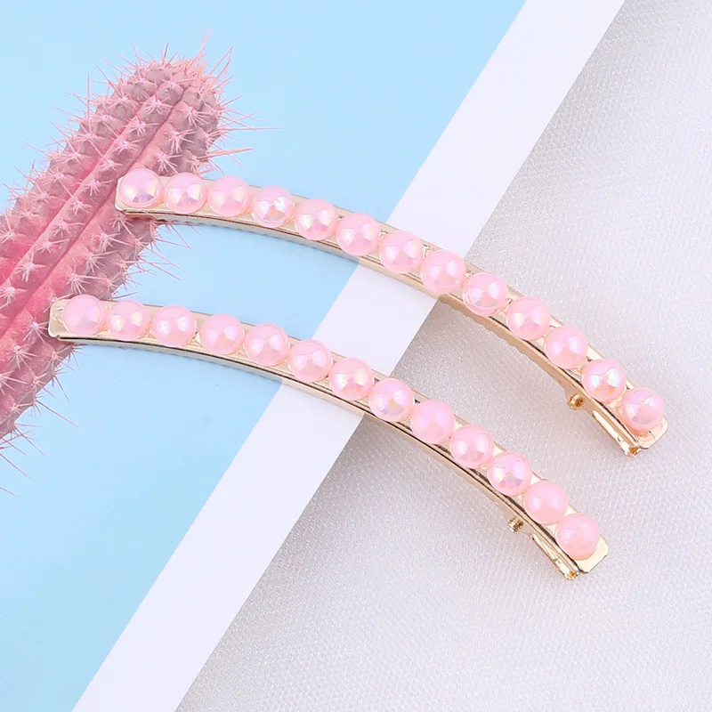 2pcs/set Pearl Flower Hair Clips Alligator Duckbill Long Hairpins Barrettes Candy Rainbow Color Hair Accessories for Women Girls - Цвет: Bend clip-Pink