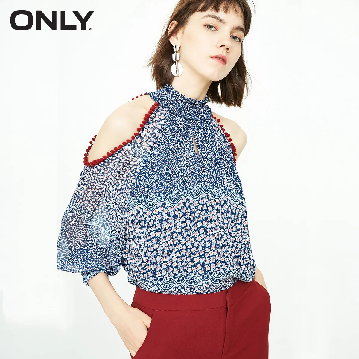 

ONLY Women's Printed Mock Neck 3/4 Sleeves Chiffon Shirt 118351508