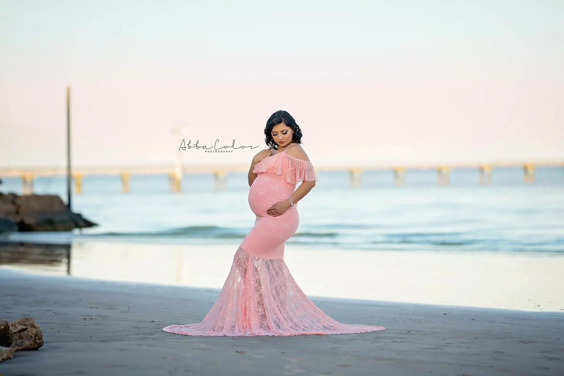 Розовый фиолетовый сексуальный кружевной слинг женское платье для беременных фотография Реквизит с открытыми плечами Беременность Материнство платье для фотосессии платье