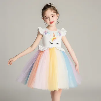 

Sweet Rainbow Tulle Embroidered Unicorn Sleeveless Fancy New Girl Dress Teenager Holiday Halloween Carnival Party Cosplay Frocks