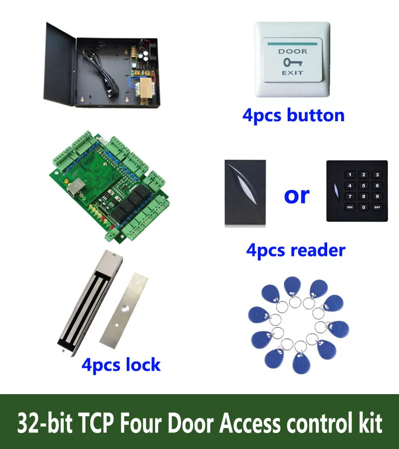 RFID 32-разрядный комплект контроля доступа, TCP четыре двери контроля доступа + powercase 280 кг магнитный замок + ID читатель + кнопка + 10 ID тегов, sn: kit-T406