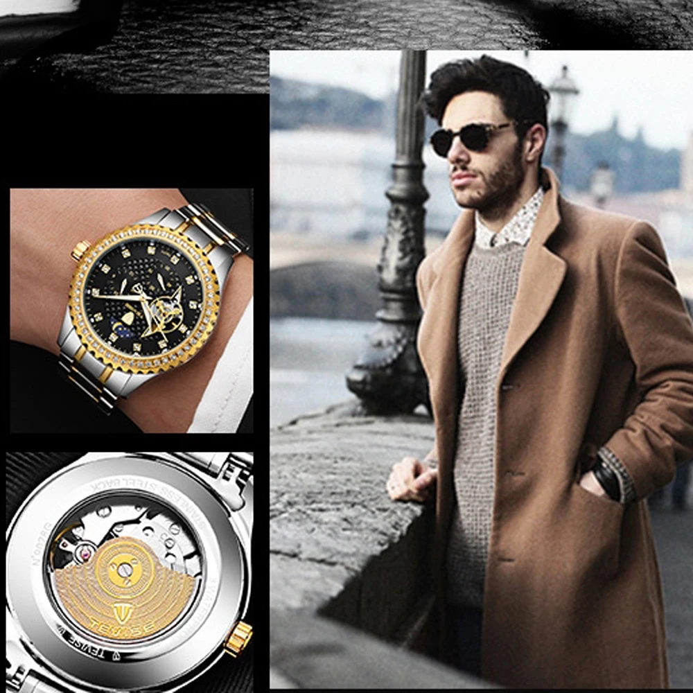 Люксовый бренд TEVISE Relogio Automatico Masculino Мужские механические Torbillon водонепроницаемые