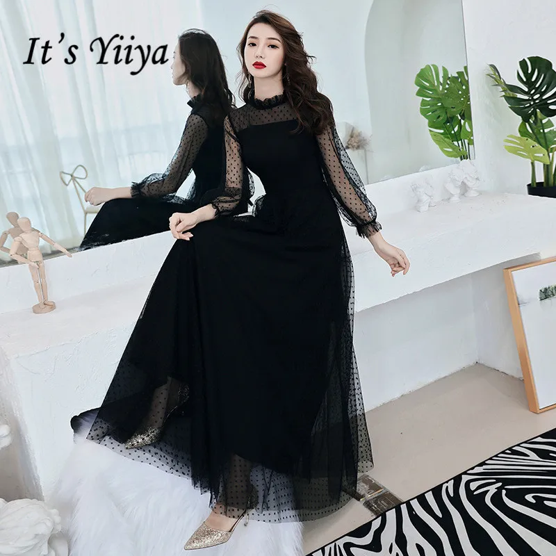 A Line Evening Dress Black Long Sleeve Dot Pattern Formal Prom Dress Elegant Illusion O-neck Floor length Print Party Gown E016