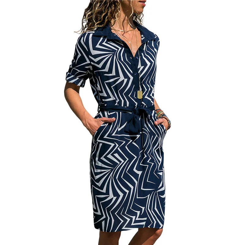 

Summer Dress Women Fashion Lace up Knee Length Dress With Buttons Striped Turn Down Collar Casual Dress Sundress Leisure Vestido