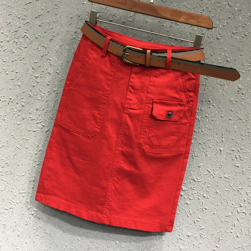 

2019 Korean Style Summer Women Ladies Red Black Pockets Denim Pencil Skirt , Female Woman Slim Skinny High Waisted Jean Skirts