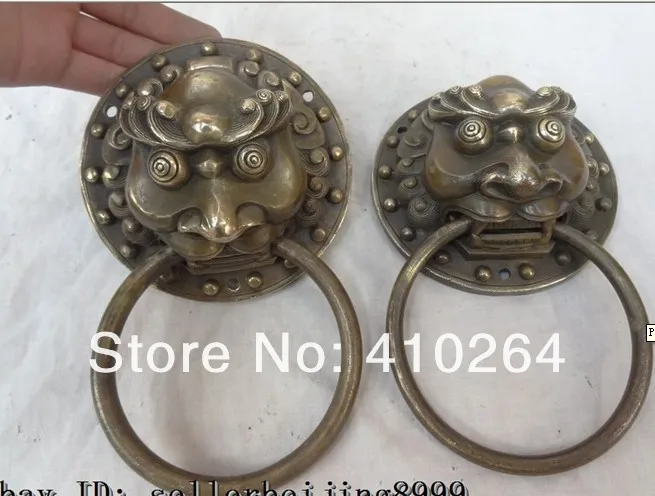 

$Nice Discount$ China Bronze FuGui JiXiang Lion Head Statue Mask BiXie Trigram Door Knocker Pair