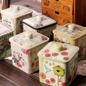 

Free Shipping!Tea Box Metal Storage Case Candy Can Flower painting Gift Case Iron Tea Box Square Metal Storage Case House Decor