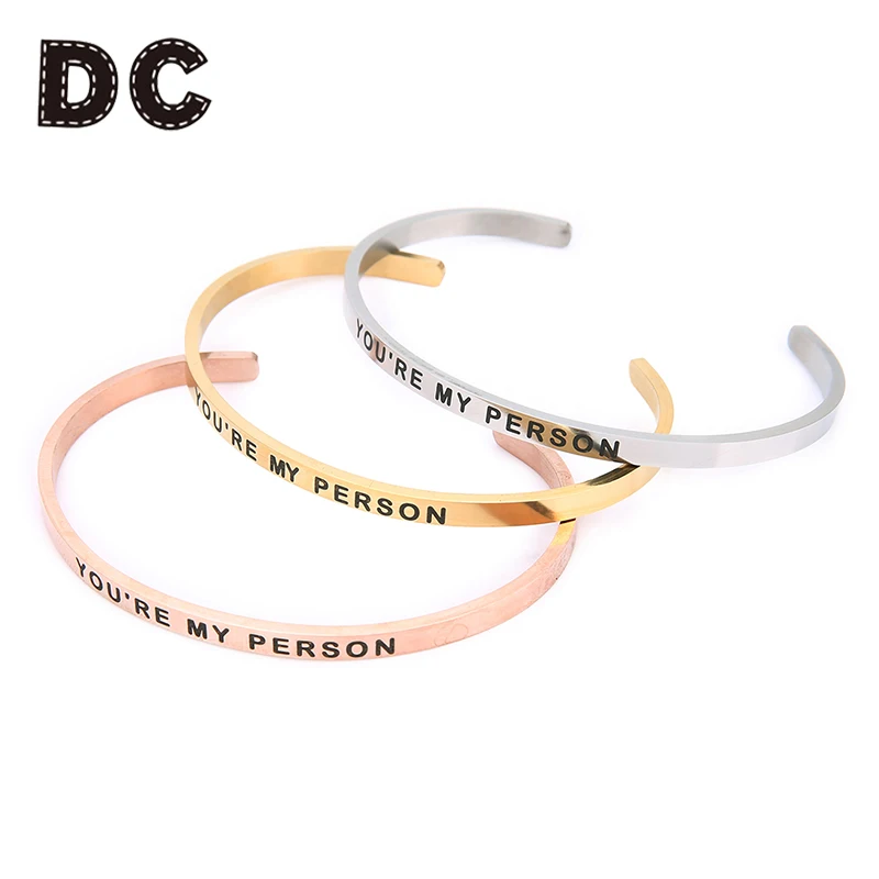 

DC You're My Person Stainless Steel Bangle Lettering Outside Carved Cuff Bangles Bracelets For Lover's Open Bracelet Jewelry