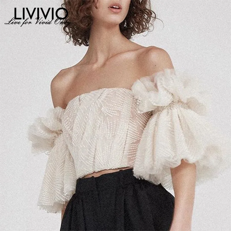 

[LIVIVIO] Strapless Shirt For Women Off Shoulder Embroidery Ruffles Flare Sleeve Sexy Short Tops Summer Fashion 2019 Clothing