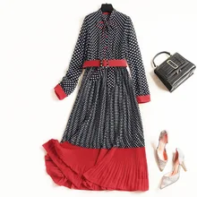 Polka dots print chiffon bow collar hem belt dress