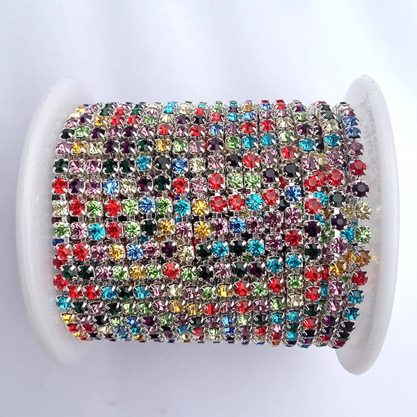 

Mix Color Sew On Crystal Rhinestones Chain 10 yards/roll SS6 to SS12 Silver Base Rhinestone Chain