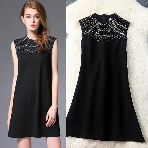 Buy Cheap Autumn Dress 2016 New Women's Clothing Solid Beaded Sequined Sleeveless O-Neck A-Line Slim Short Dresses Female