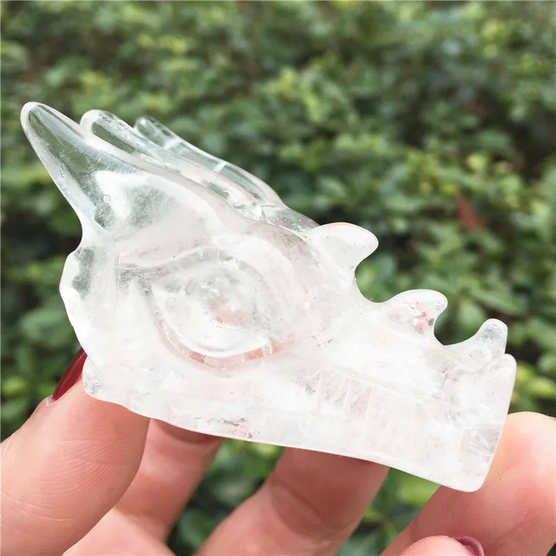 

Natural Clear Quartz Crystal Dragon Head Skull Hand Carved Reiki Healing Chakra Stone Home Decoration Collection