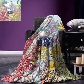 

Mermaid Throw Hand Drawn Mermaid Creature Swinging on Rope on Coral Reefs in Underwater World Artwork Warm Microfiber Blanket