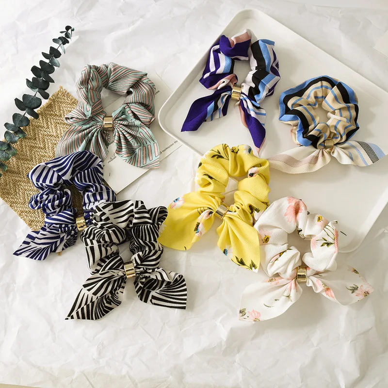 

New Fashion Sweet Print Scrunchie Women Ribbon Elastic Hair Band Bow Scarf Hair Rubber Hair Ropes Girls Hair Accessories