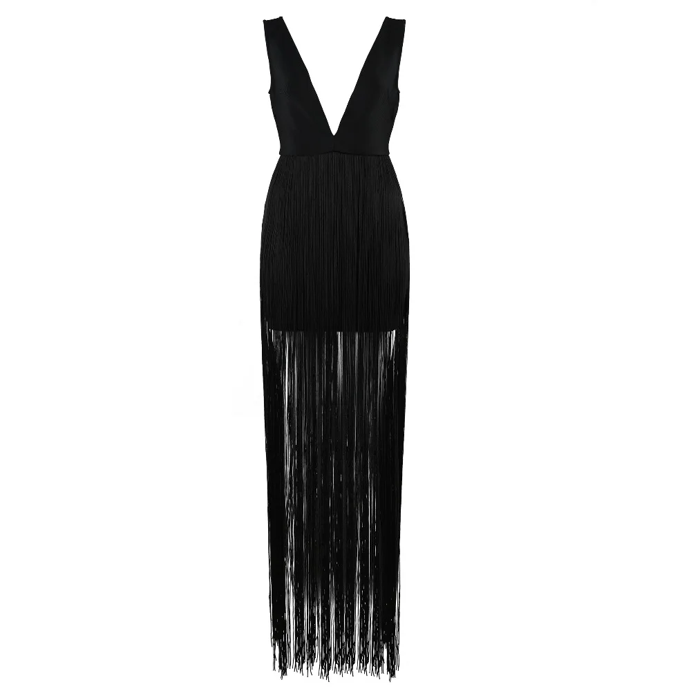Bandage V Summer Verano Club Robe Maxi Party Noire 2018 Fringe New Glands Robes Femmes Celebrity Profonde Sexy dUn1qw7d