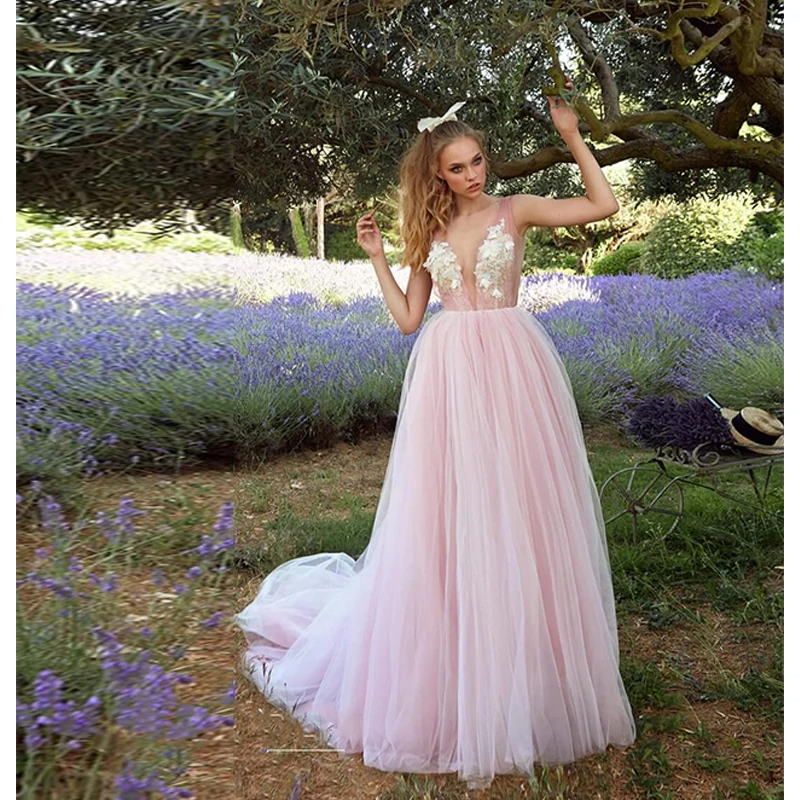 

Verngo Beach Wedding Dress 2019 Pink A Line Wedding Dress V-back Bridal Dress Flowers Tulle Simple Wedding Gowns Suknia Slubna